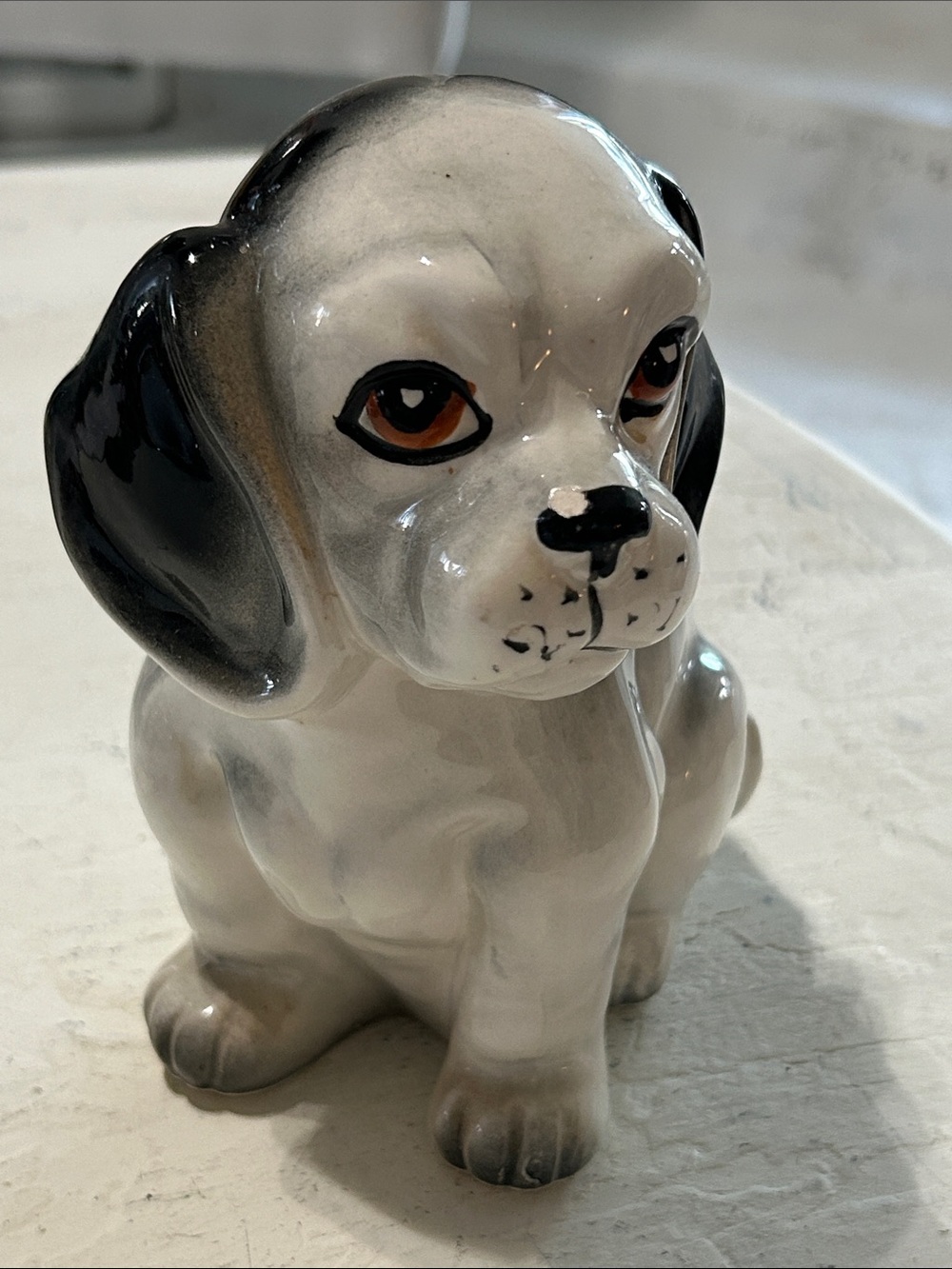 Vintage Neutral Gray and Black Ceramic Dog Figurine - Decorative Pet Statue